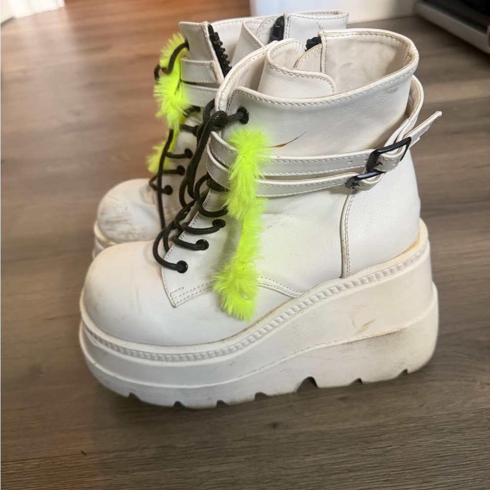 Demonia White Lace-Up Platform Boots with Neon Yellow Accents